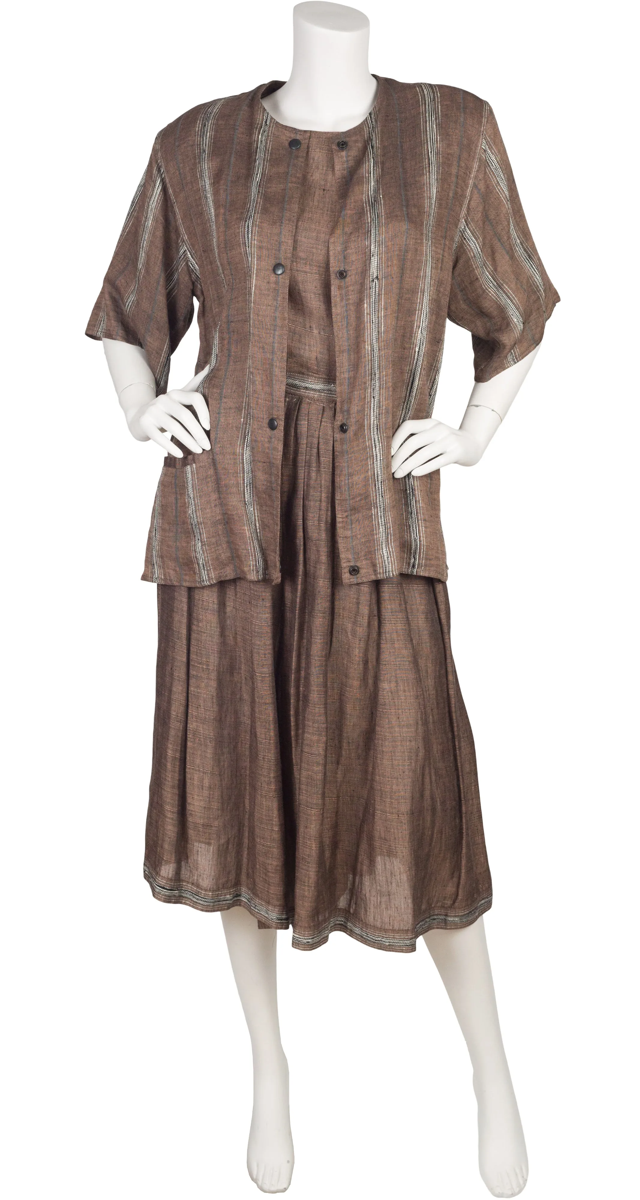 1980s Brown Linen Three-Piece Culottes Outfit