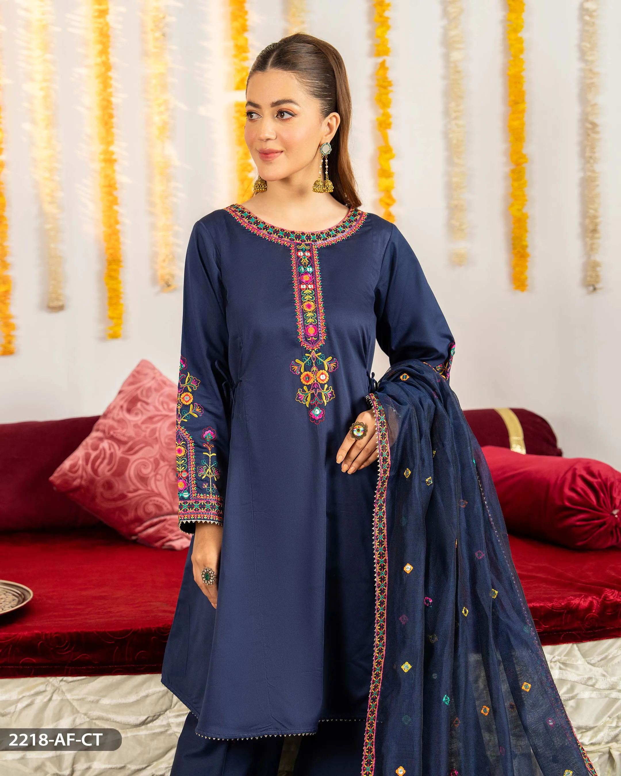 3 Piece Cotton Satin Embroidered Suit | 2218-AF-CT.ST