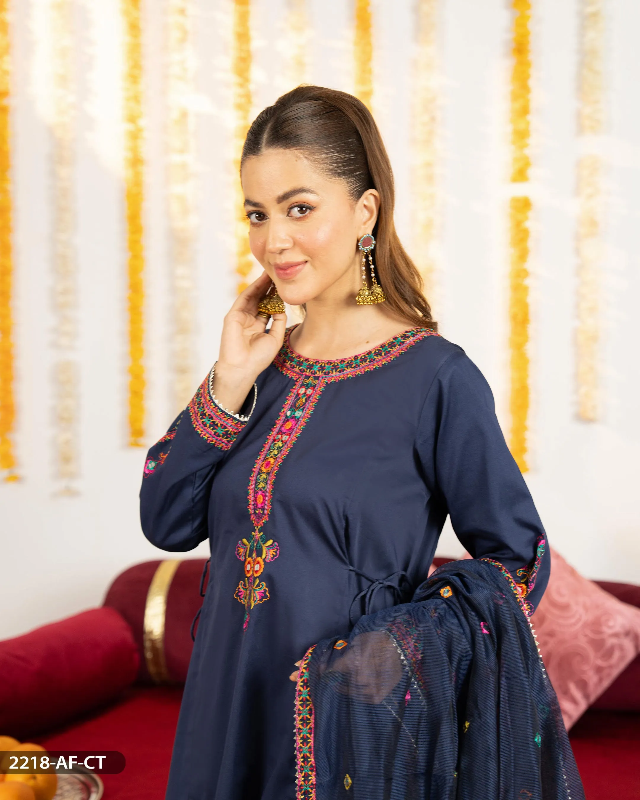 3 Piece Cotton Satin Embroidered Suit | 2218-AF-CT.ST