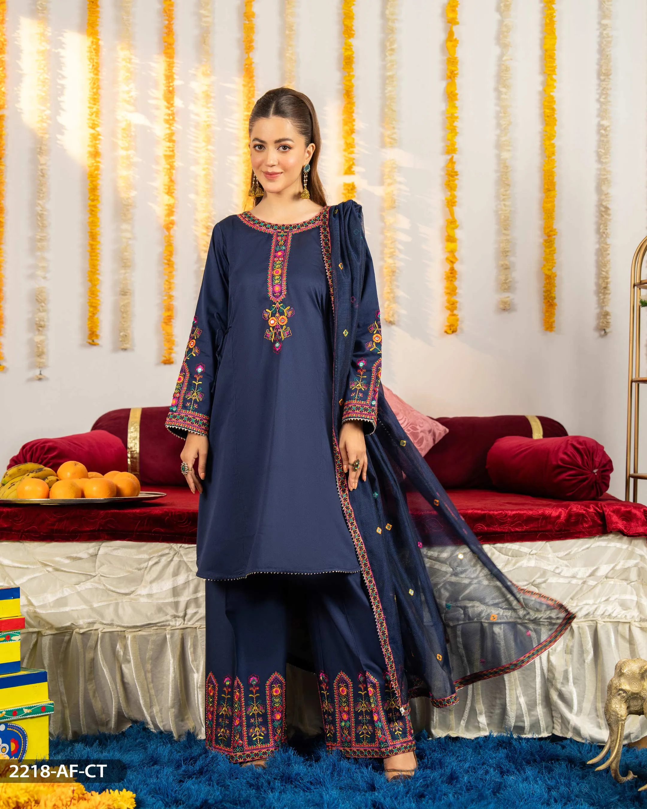 3 Piece Cotton Satin Embroidered Suit | 2218-AF-CT.ST