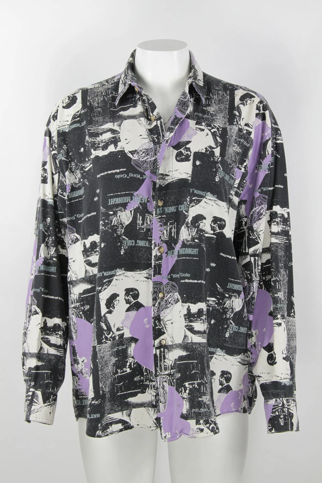 90s Long sleeve viscose shirt - Nat King Cole pattern - XL
