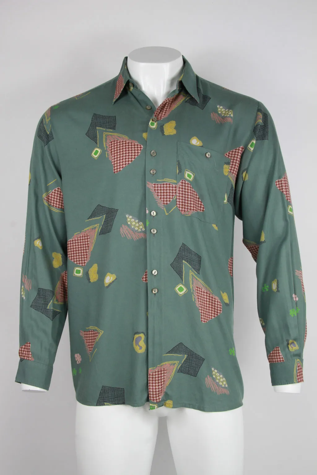 90s Long sleeve viscose shirt - Sage green abstract pattern - L