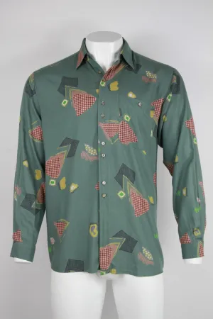 90s Long sleeve viscose shirt - Sage green abstract pattern - L