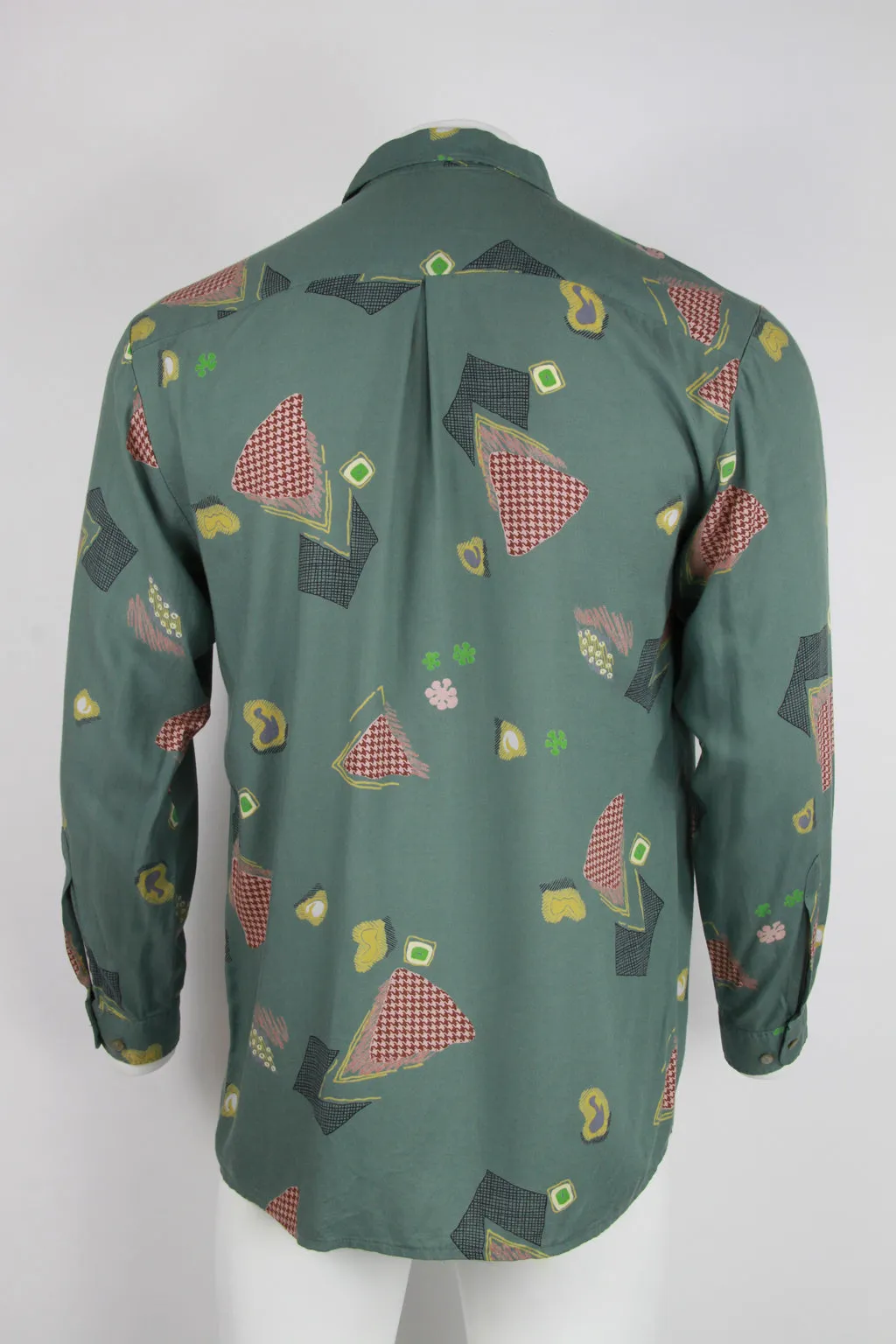 90s Long sleeve viscose shirt - Sage green abstract pattern - L