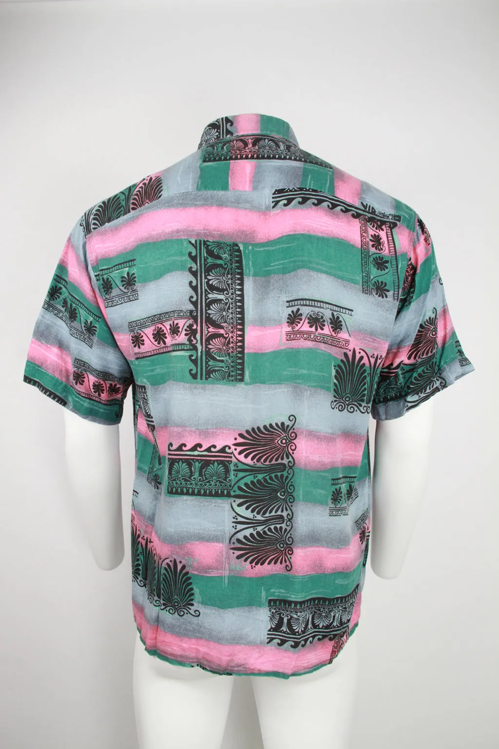90s Short sleeve viscose shirt - Green and pink pattern - M
