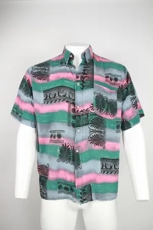 90s Short sleeve viscose shirt - Green and pink pattern - M