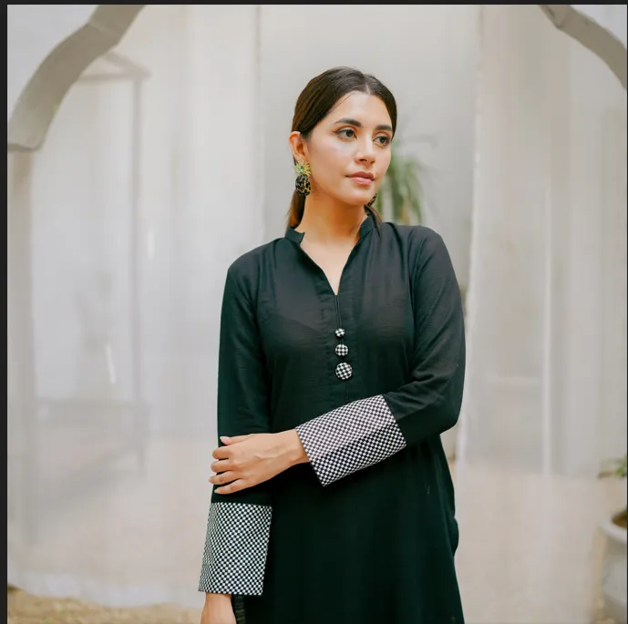 Black & Monochrome Khaddar Blocked Coord Set