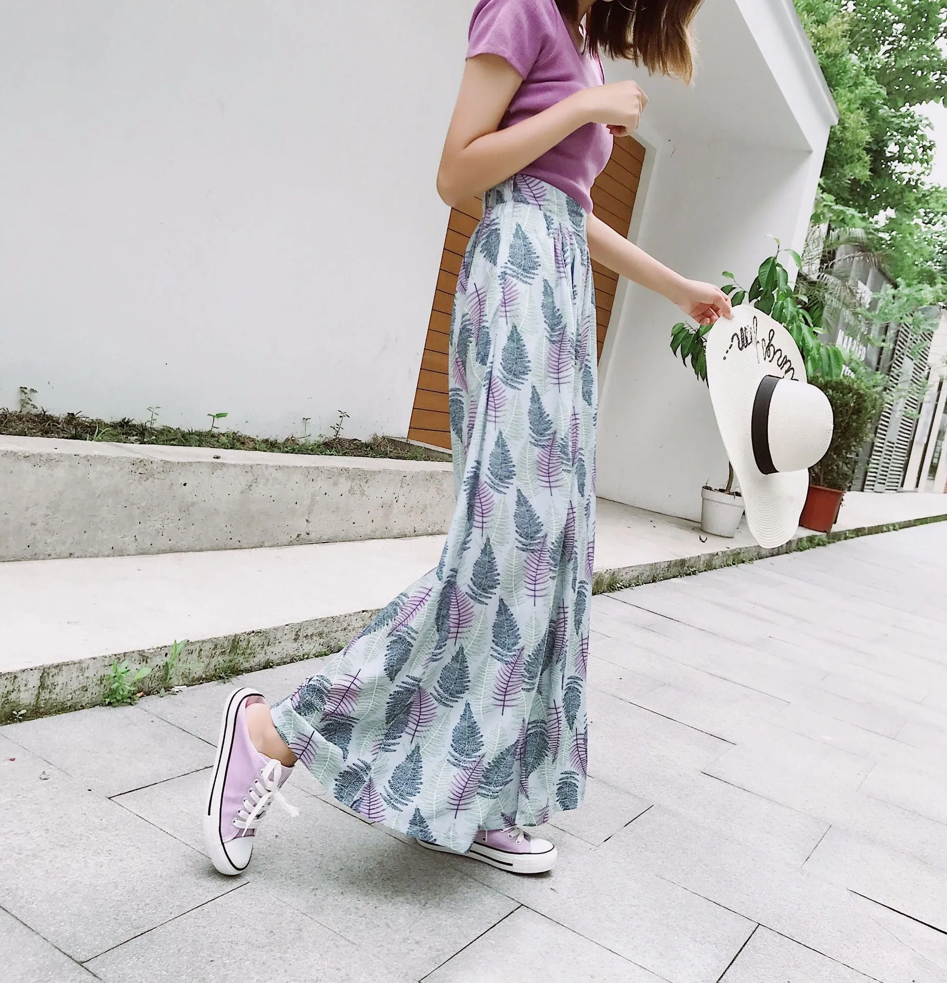 Chiffon Leaves Printed Wide Leg Pants Women Floral High Waist Strap Beach Holiday Ankle-Length Culottes Beachwear