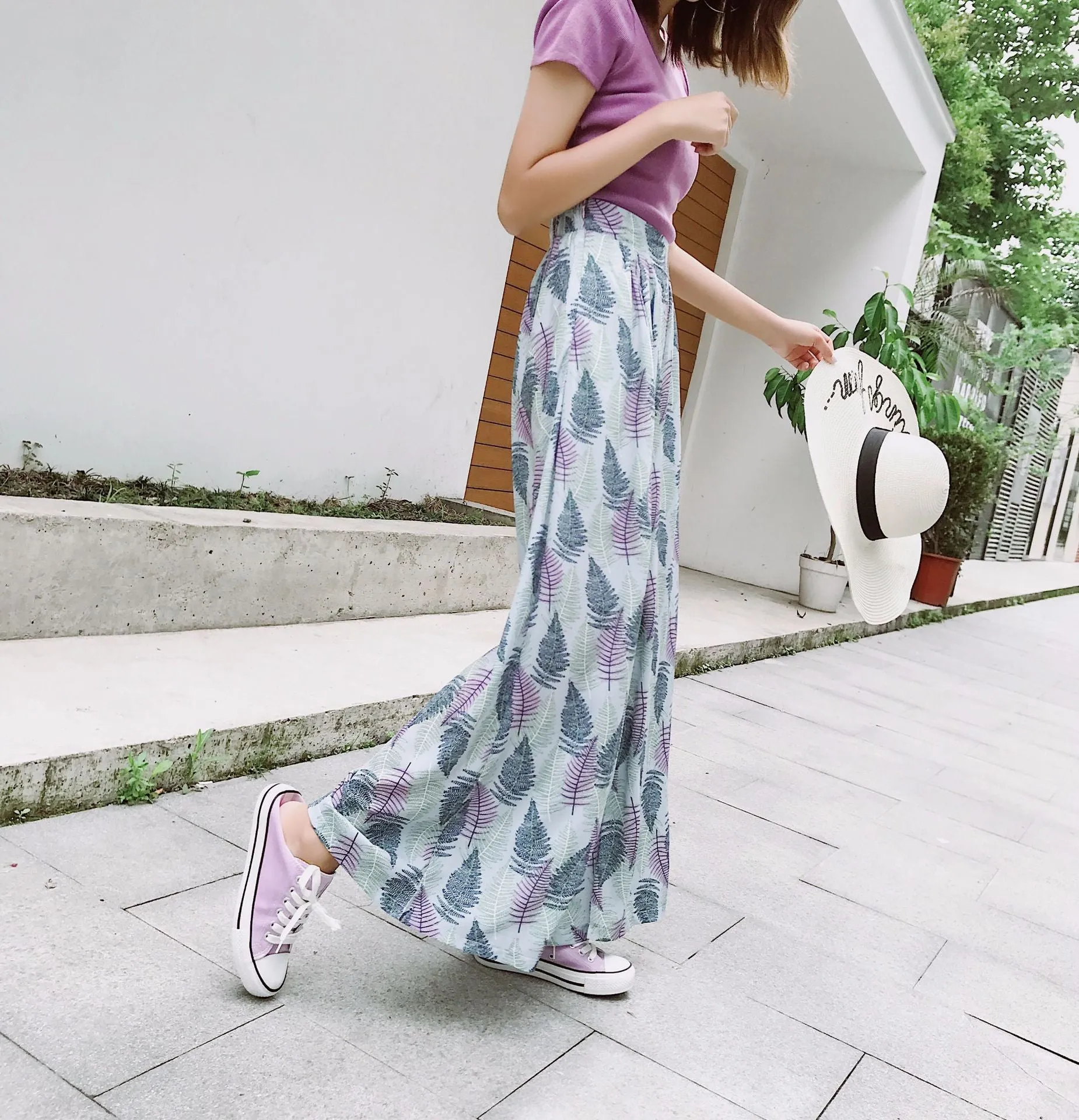 Chiffon Leaves Printed Wide Leg Pants Women Floral High Waist Strap Beach Holiday Ankle-Length Culottes Beachwear