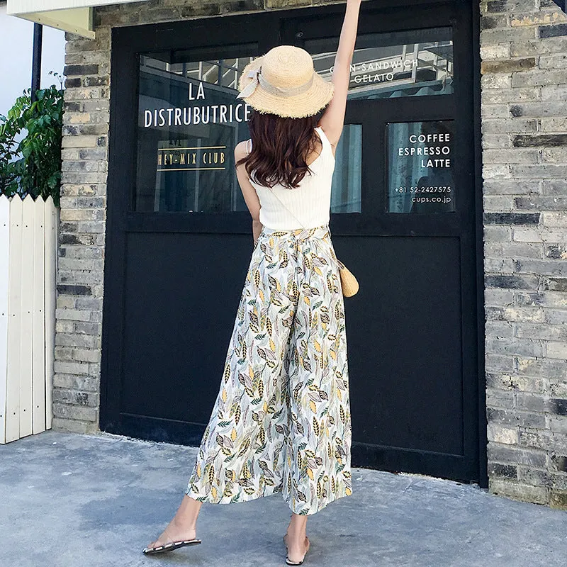 Chiffon Leaves Printed Wide Leg Pants Women Floral High Waist Strap Beach Holiday Ankle-Length Culottes Beachwear