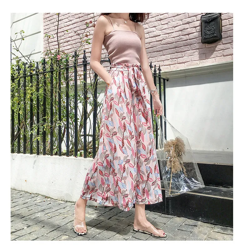 Chiffon Leaves Printed Wide Leg Pants Women Floral High Waist Strap Beach Holiday Ankle-Length Culottes Beachwear