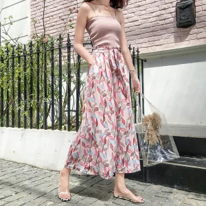 Chiffon Leaves Printed Wide Leg Pants Women Floral High Waist Strap Beach Holiday Ankle-Length Culottes Beachwear