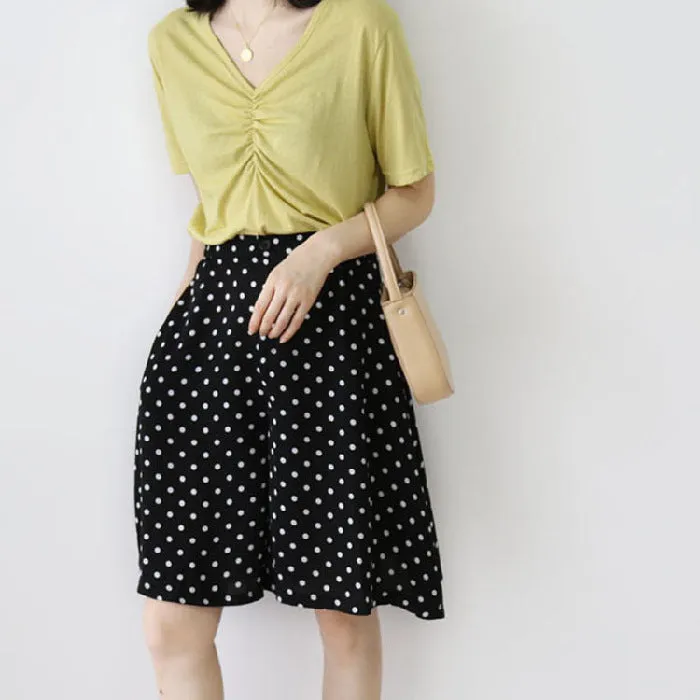 Chiffon Poker Dot Wide Leg Pants Culottes Women Elastic High Waist A-Line Bermuda Shorts Loose Slim Look Casual Shorts