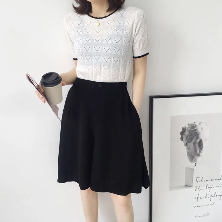 Chiffon Poker Dot Wide Leg Pants Culottes Women Elastic High Waist A-Line Bermuda Shorts Loose Slim Look Casual Shorts
