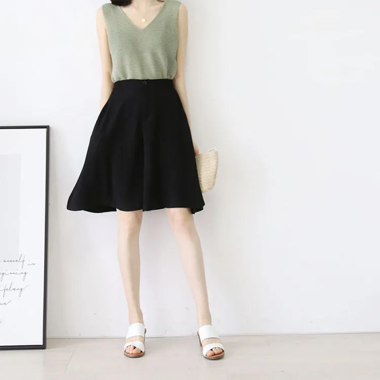 Chiffon Poker Dot Wide Leg Pants Culottes Women Elastic High Waist A-Line Bermuda Shorts Loose Slim Look Casual Shorts