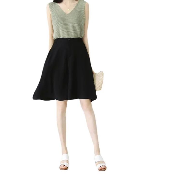 Chiffon Poker Dot Wide Leg Pants Culottes Women Elastic High Waist A-Line Bermuda Shorts Loose Slim Look Casual Shorts
