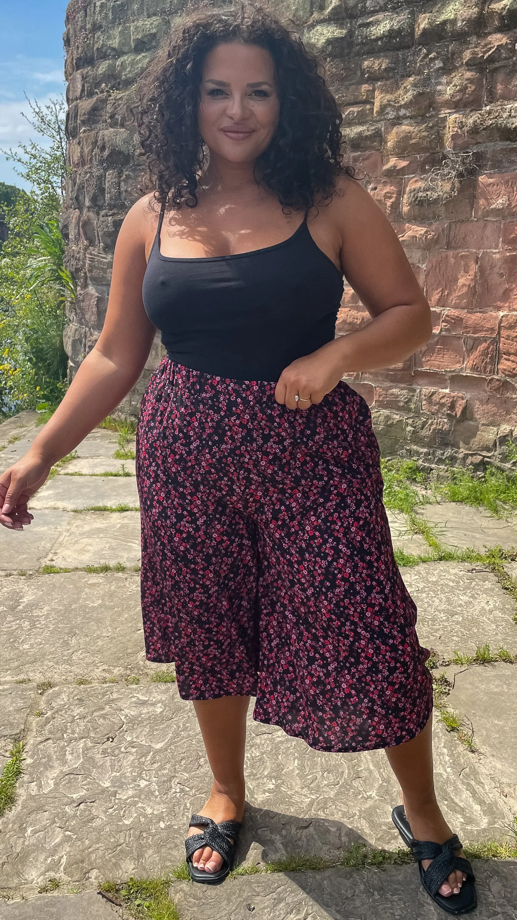 CurveWow Black Red Pink Floral Culottes
