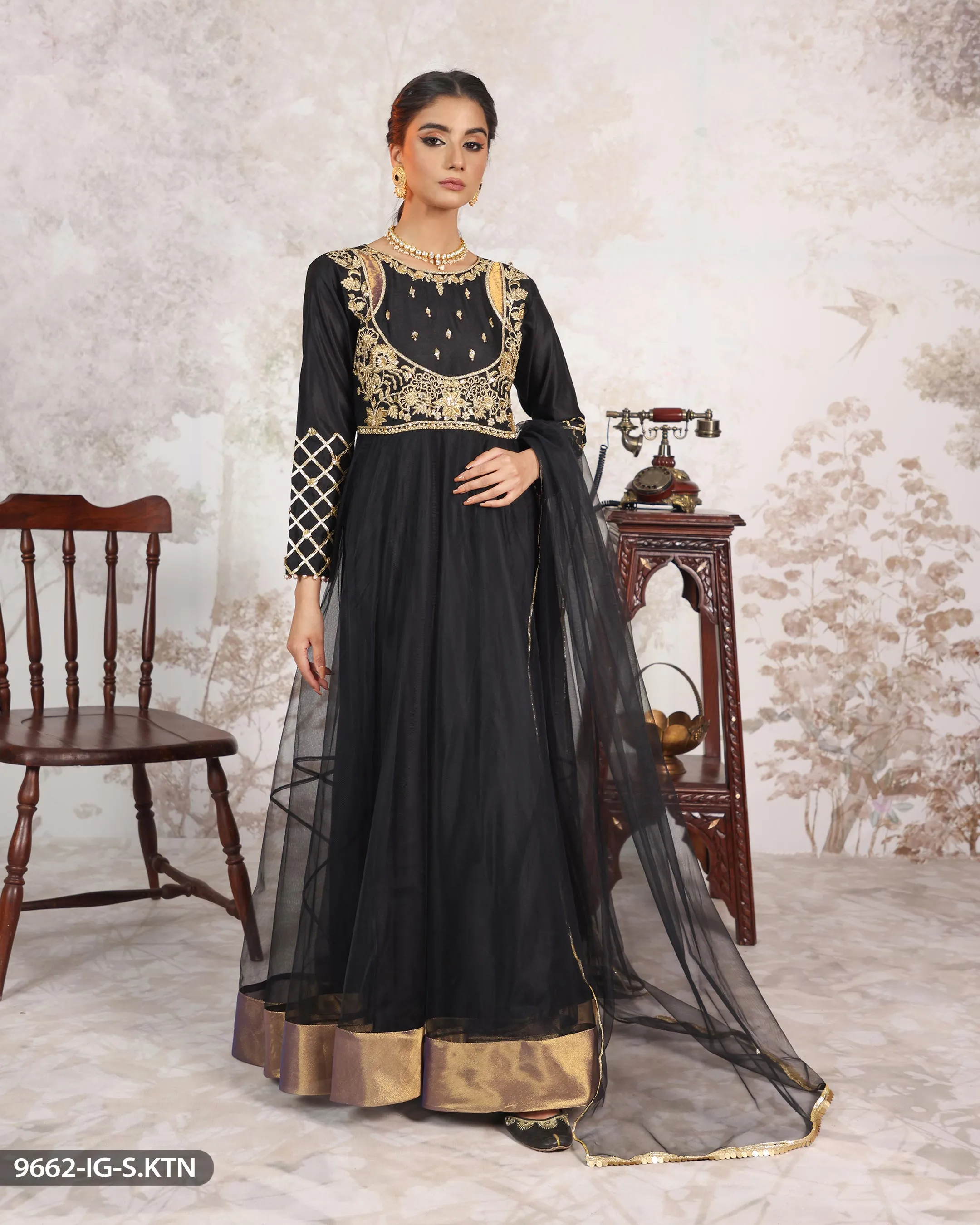 Embroidered Chambray Katan Frock| 9662-IG-S.KTN