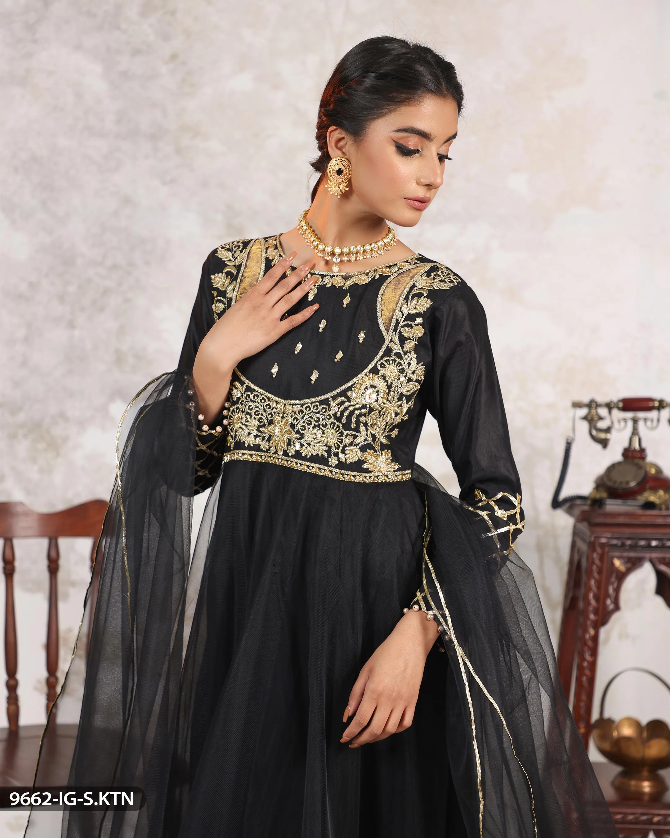 Embroidered Chambray Katan Frock| 9662-IG-S.KTN