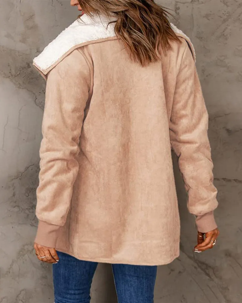 Fleece Long Sleeve Warm Teddy Coat Lapel Cardigan With Pocket