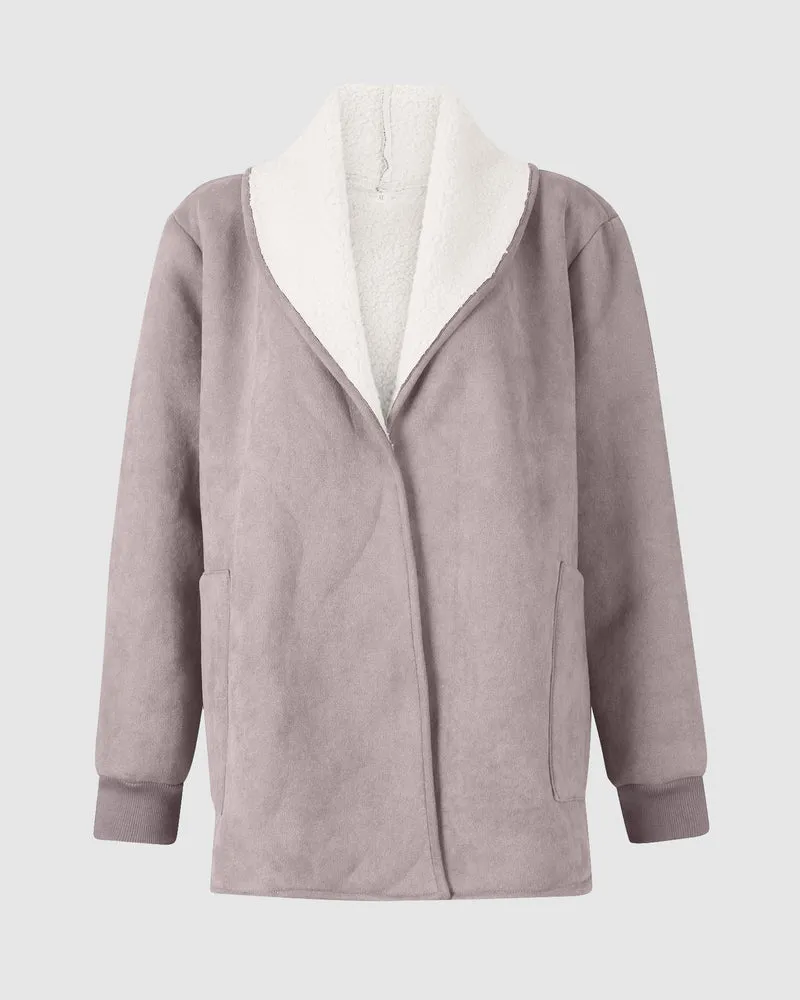 Fleece Long Sleeve Warm Teddy Coat Lapel Cardigan With Pocket