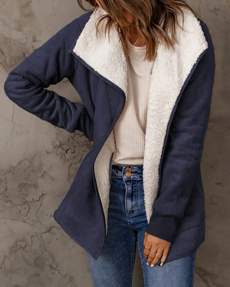 Fleece Long Sleeve Warm Teddy Coat Lapel Cardigan With Pocket