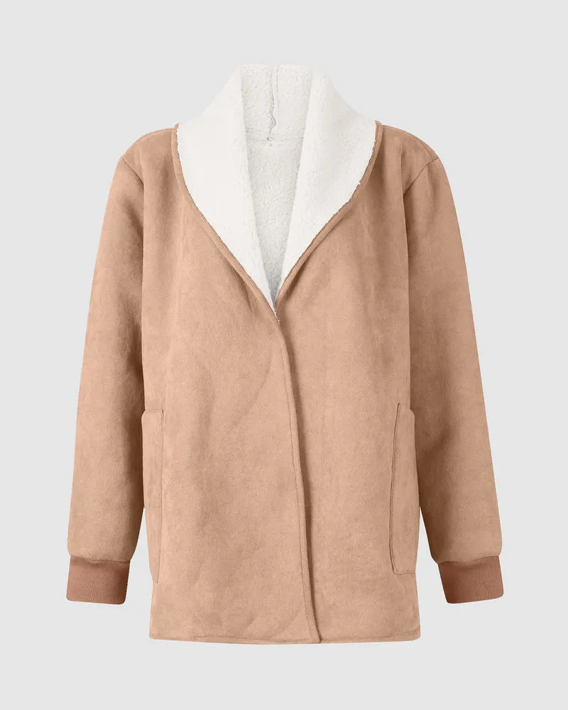 Fleece Long Sleeve Warm Teddy Coat Lapel Cardigan With Pocket