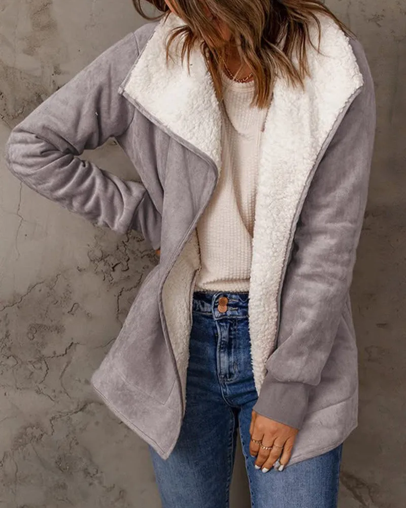 Fleece Long Sleeve Warm Teddy Coat Lapel Cardigan With Pocket