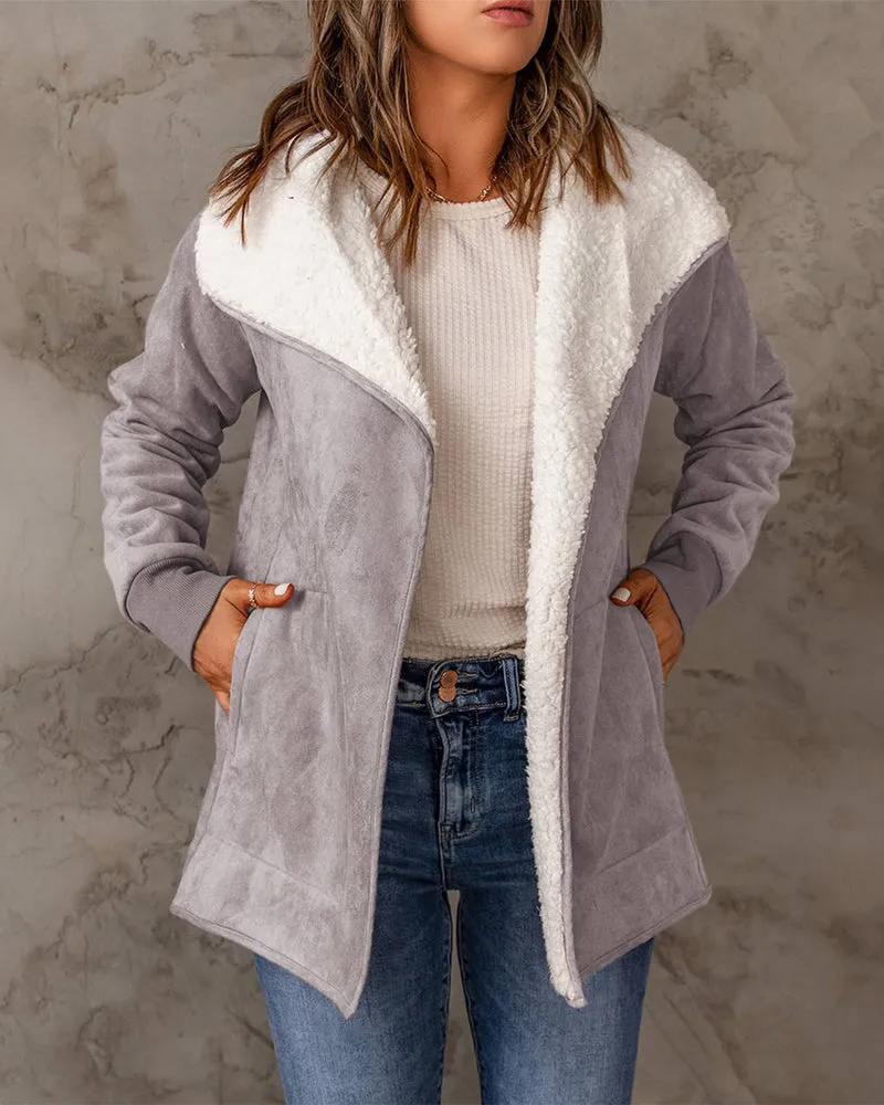 Fleece Long Sleeve Warm Teddy Coat Lapel Cardigan With Pocket