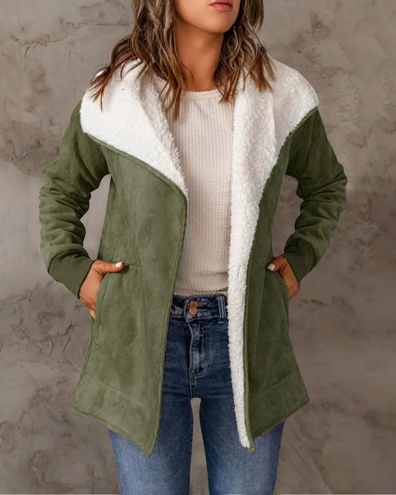 Fleece Long Sleeve Warm Teddy Coat Lapel Cardigan With Pocket