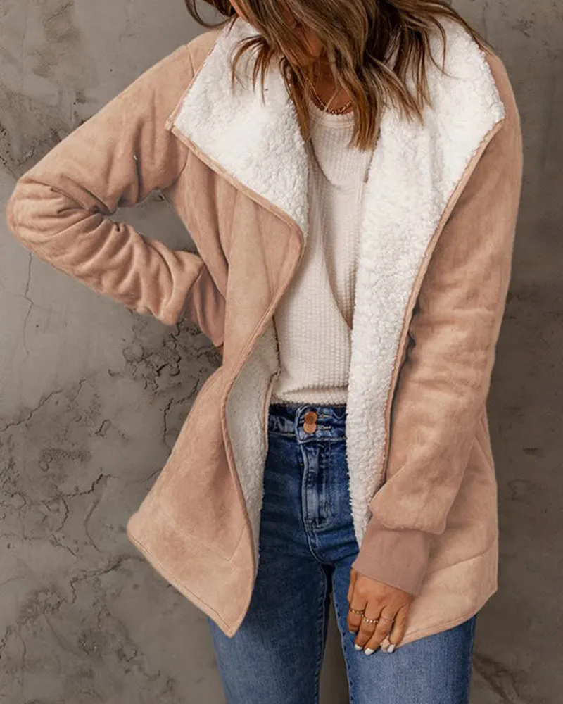 Fleece Long Sleeve Warm Teddy Coat Lapel Cardigan With Pocket