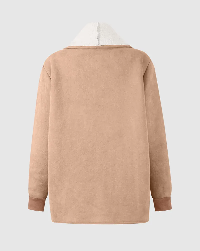 Fleece Long Sleeve Warm Teddy Coat Lapel Cardigan With Pocket