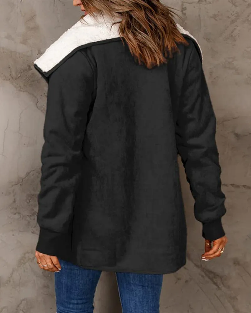 Fleece Long Sleeve Warm Teddy Coat Lapel Cardigan With Pocket