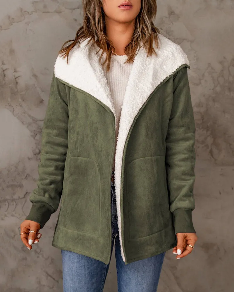 Fleece Long Sleeve Warm Teddy Coat Lapel Cardigan With Pocket