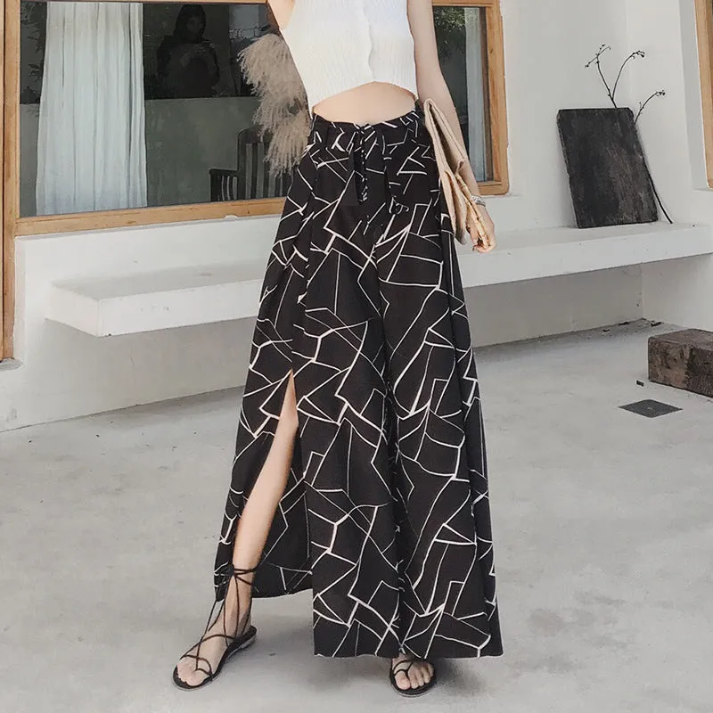Korean Pattern Chiffon Beach Wide Leg Culottes Sexy Splitted Women Pants