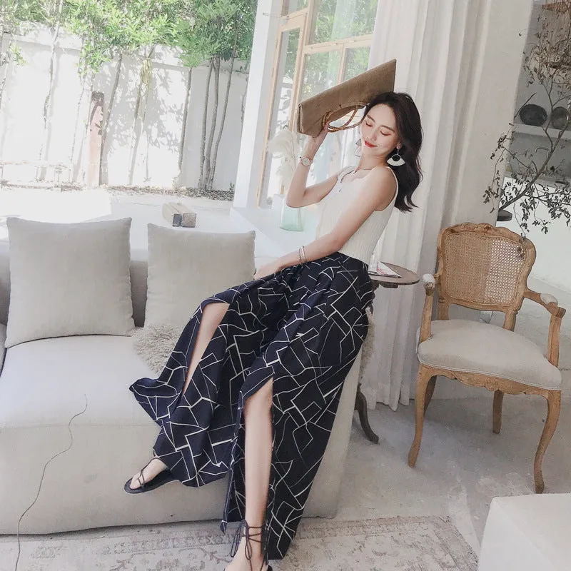 Korean Pattern Chiffon Beach Wide Leg Culottes Sexy Splitted Women Pants