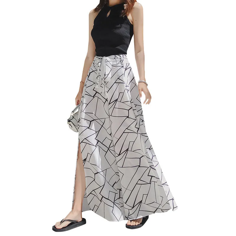 Korean Pattern Chiffon Beach Wide Leg Culottes Sexy Splitted Women Pants