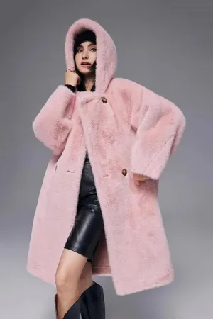 Long Hooded Faux Mink Fur Coat