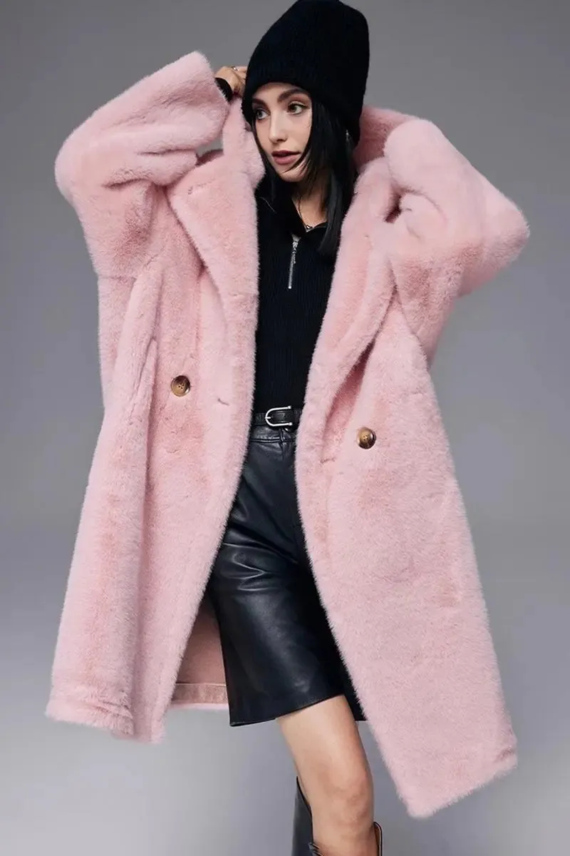 Long Hooded Faux Mink Fur Coat
