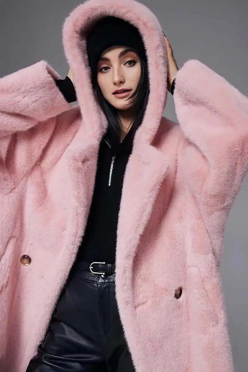 Long Hooded Faux Mink Fur Coat