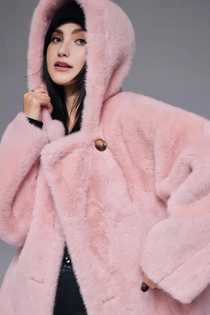 Long Hooded Faux Mink Fur Coat