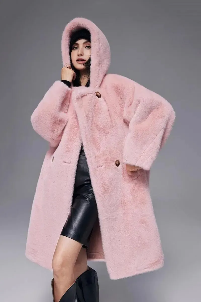 Long Hooded Faux Mink Fur Coat