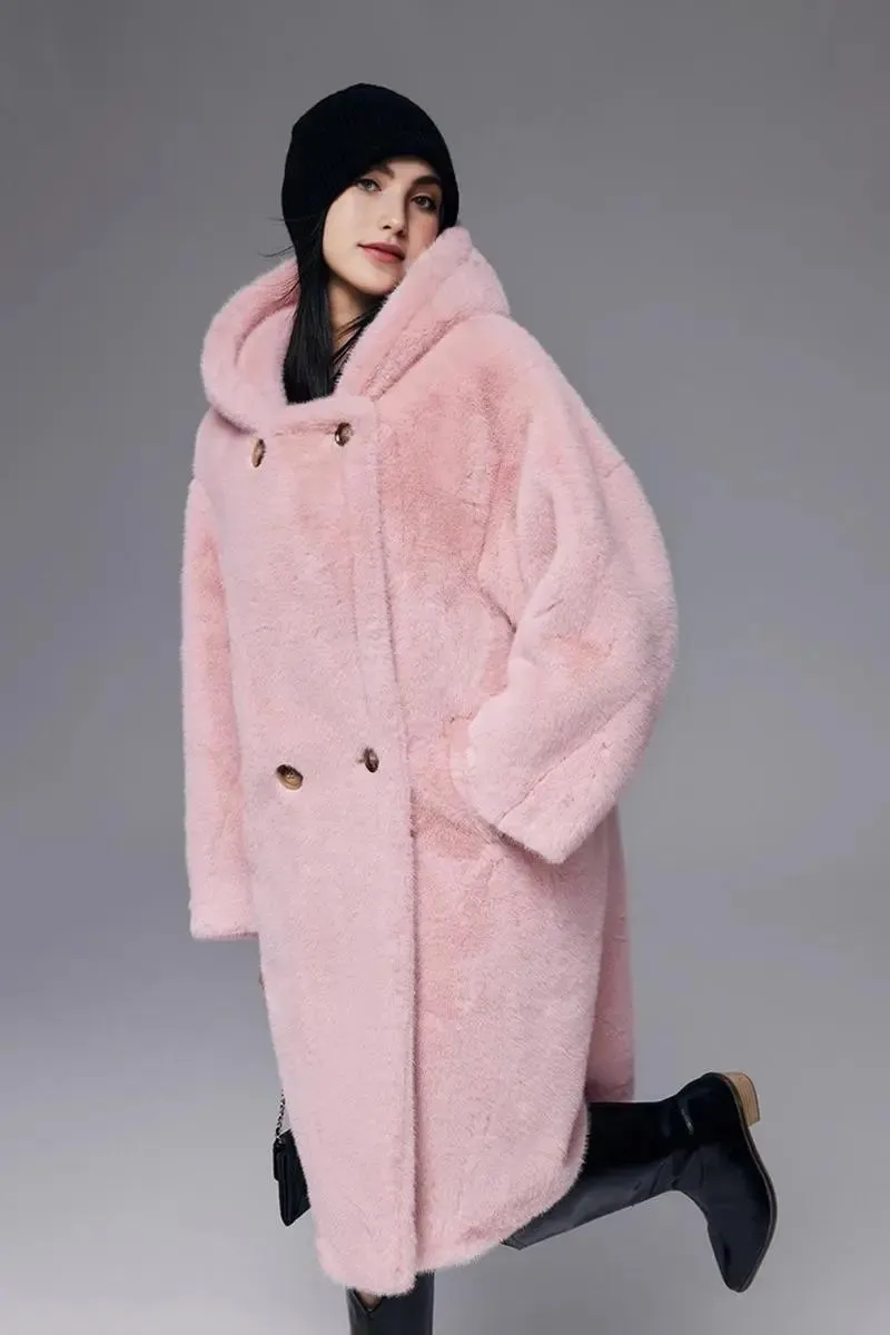 Long Hooded Faux Mink Fur Coat