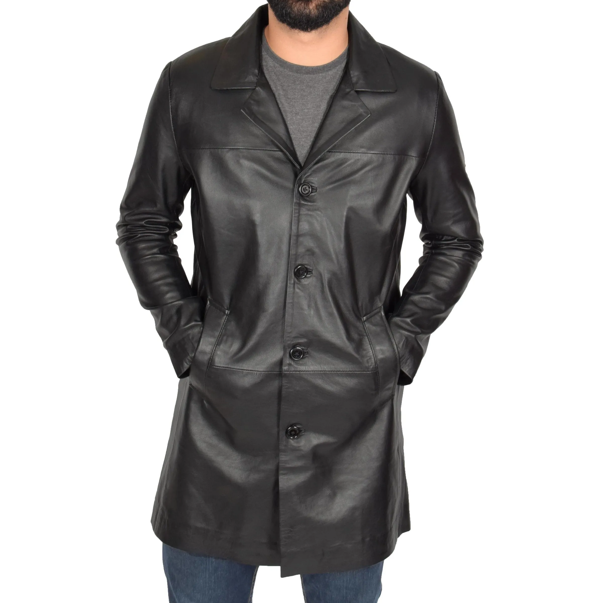 Men's Black Genuine Lambskin 3/4 Length Coat Jacket