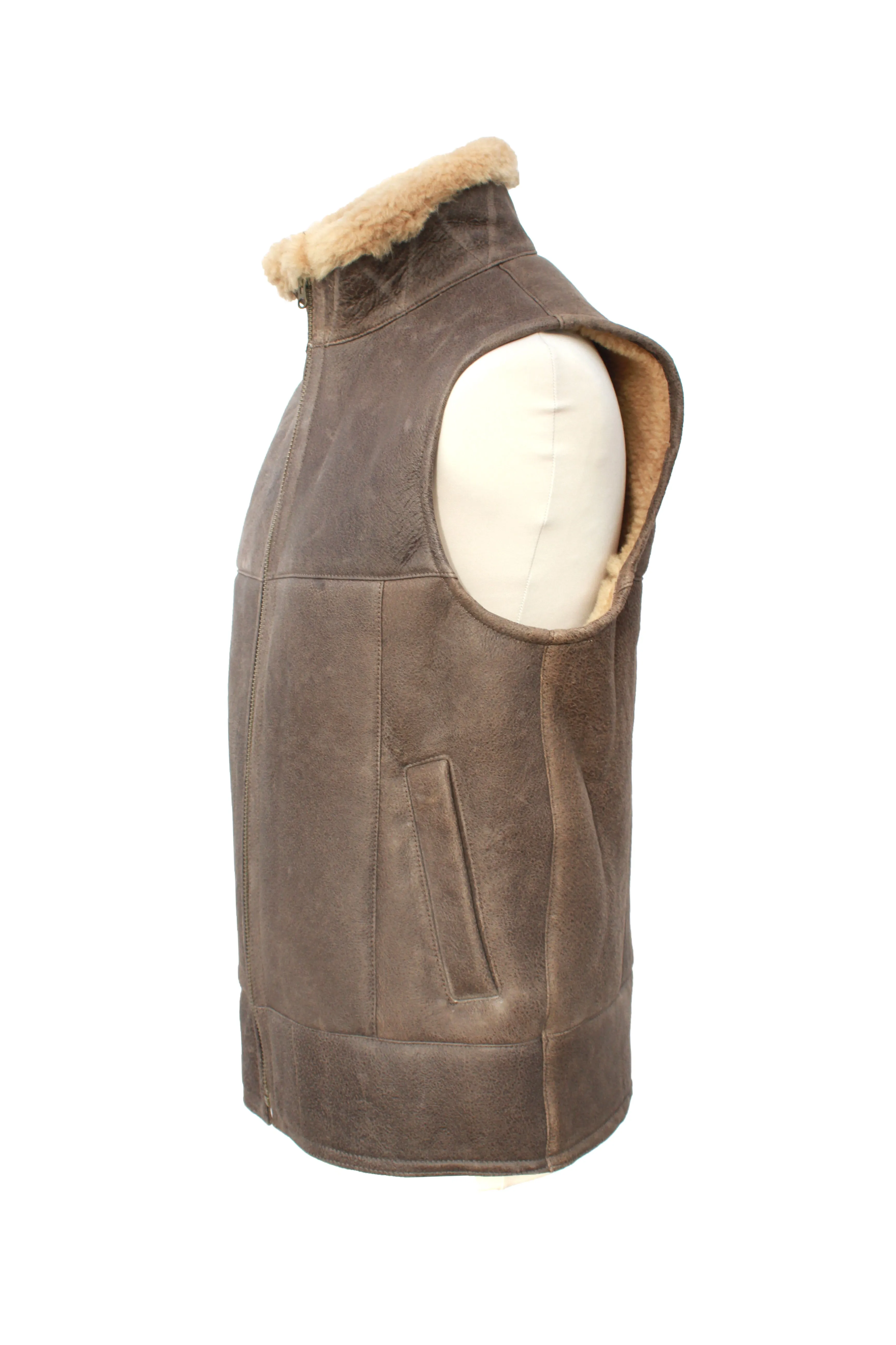 Mens Harvey Gilet Leather Sheepskin Coat - Chocolate Forest Distressed