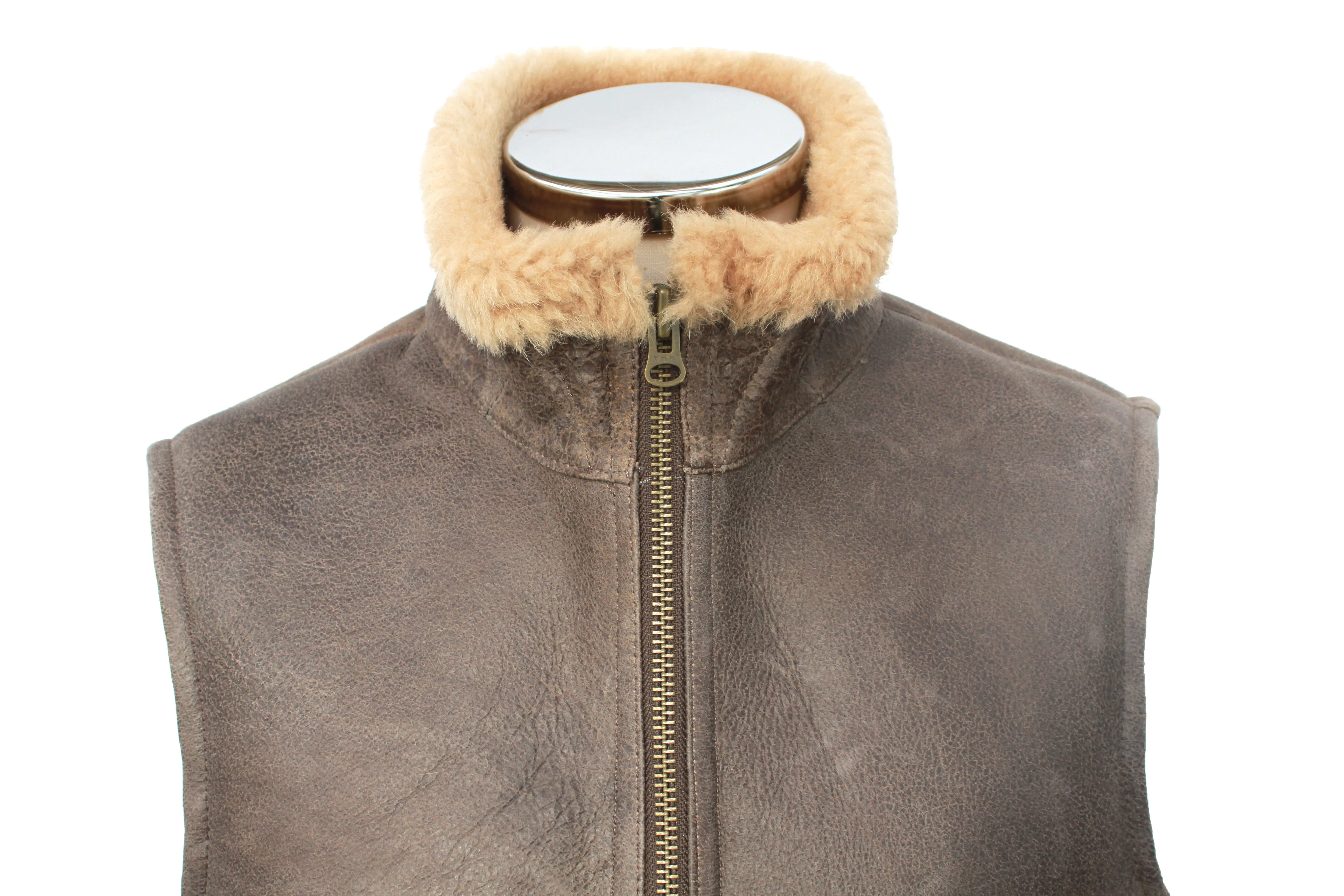 Mens Harvey Gilet Leather Sheepskin Coat - Chocolate Forest Distressed