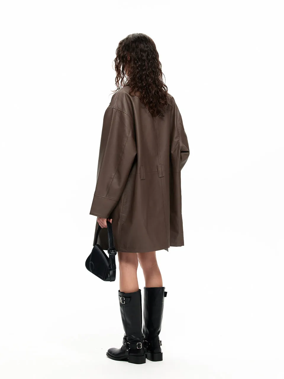 NUHT Retro Loose Mid-Length  Faux Leather Coat(Brown&Black)