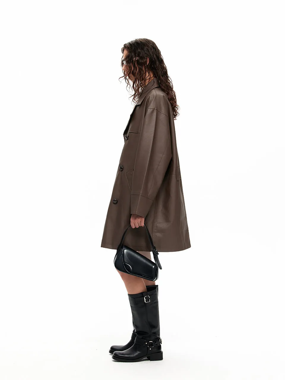 NUHT Retro Loose Mid-Length  Faux Leather Coat(Brown&Black)