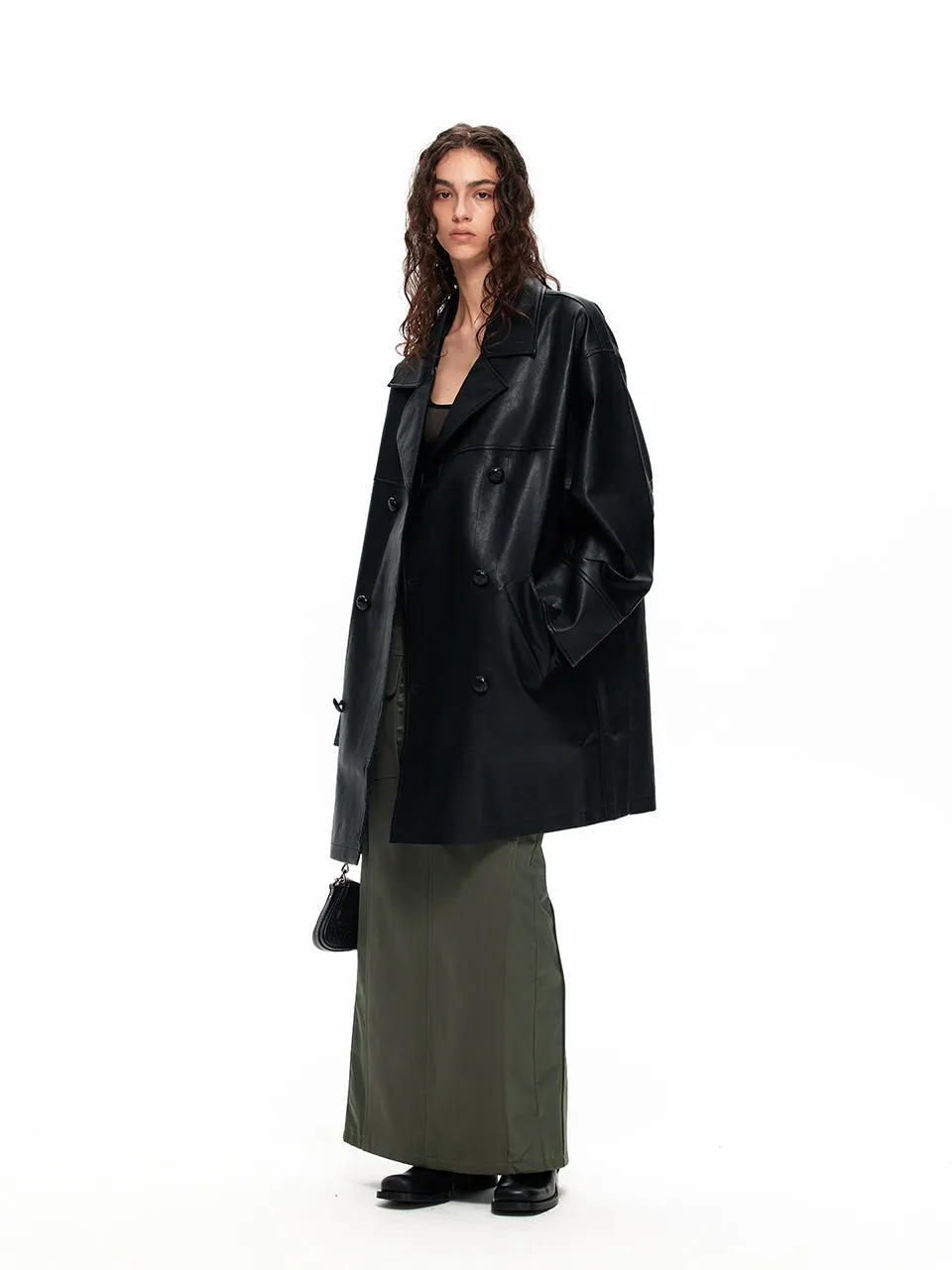 NUHT Retro Loose Mid-Length  Faux Leather Coat(Brown&Black)