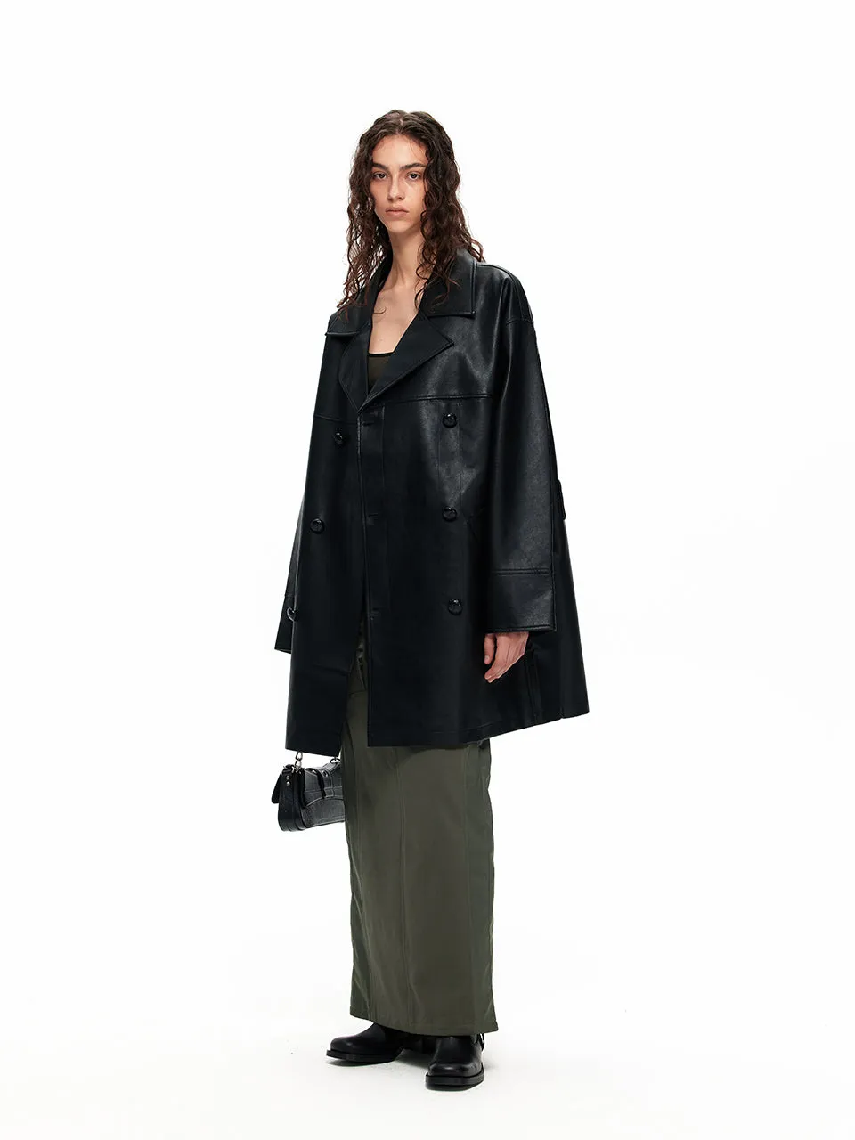 NUHT Retro Loose Mid-Length  Faux Leather Coat(Brown&Black)
